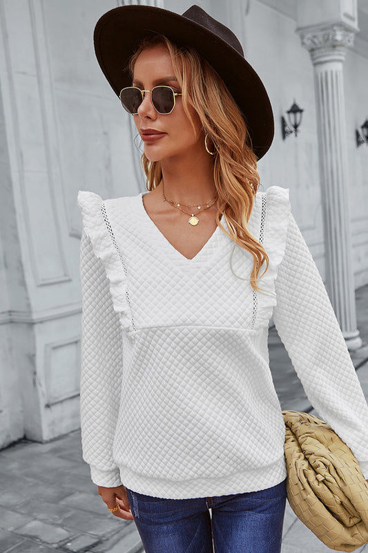 Ruffle Shoulder Waffle Pullover