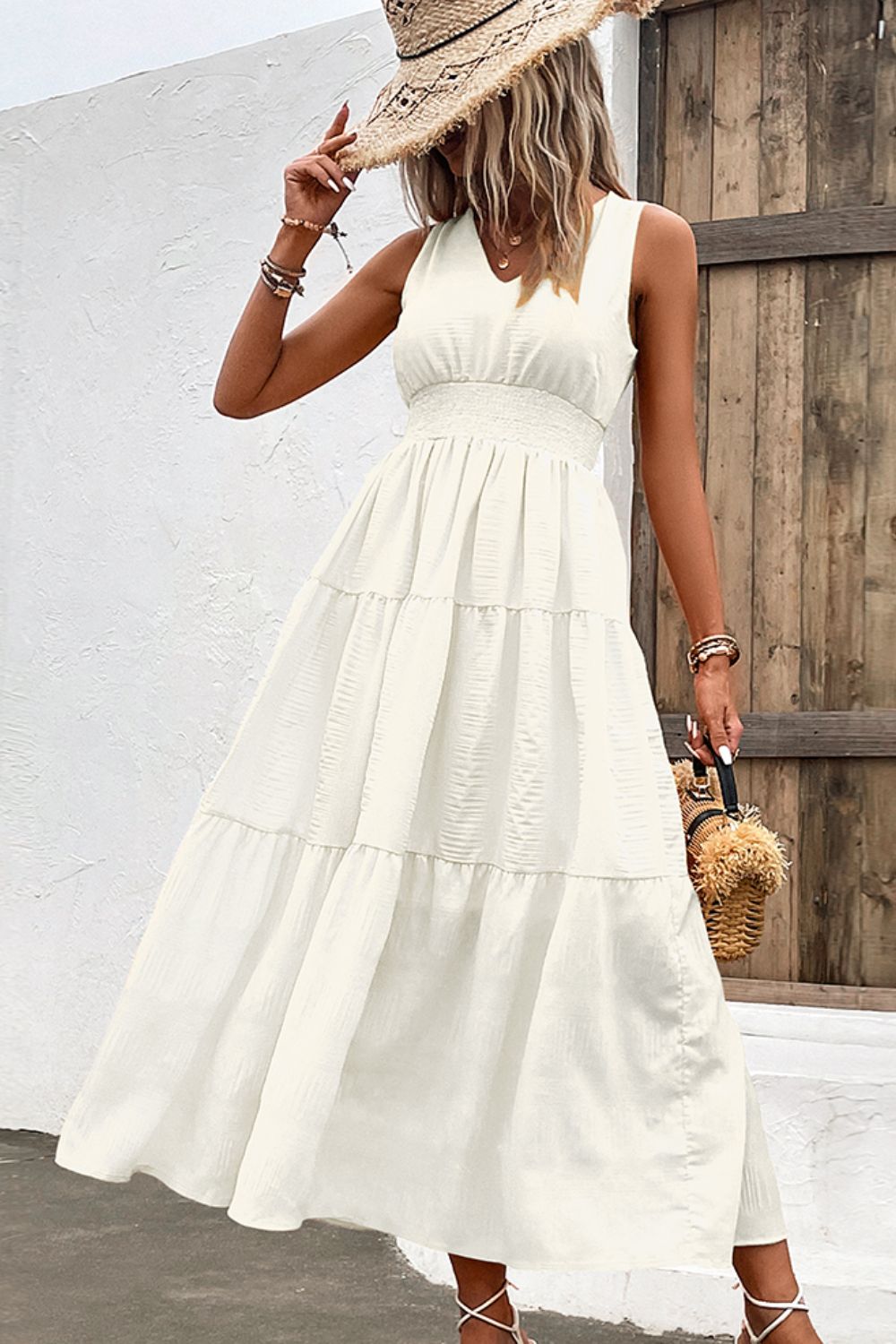 V-Neck Smocked Waist Sleeveless Tiered Dress