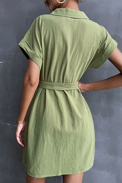 Tie-Waist Short Sleeve Mini Shirt Dress