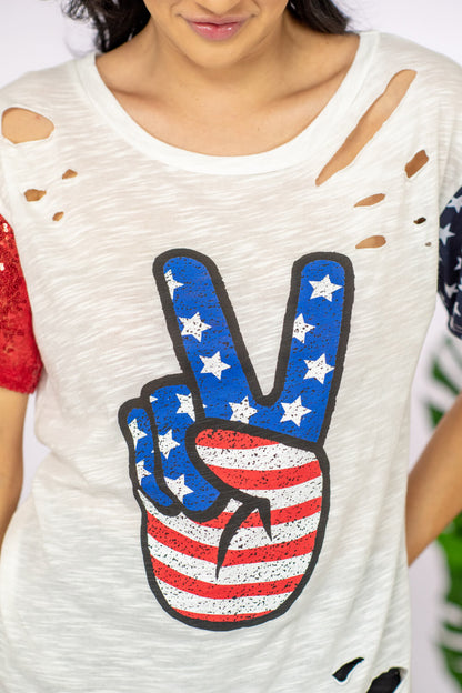 BiBi Patriotic Peace Sign Sequin Graphic Tee