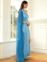 Load image into Gallery viewer, Sequin Super-Long Sleeve Halter Neck Split Dress
