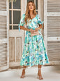 Floral Tie Cuff Surplice Neck Dress