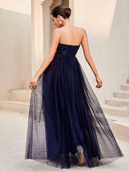 Sequin Strapless Spliced Tulle Dress