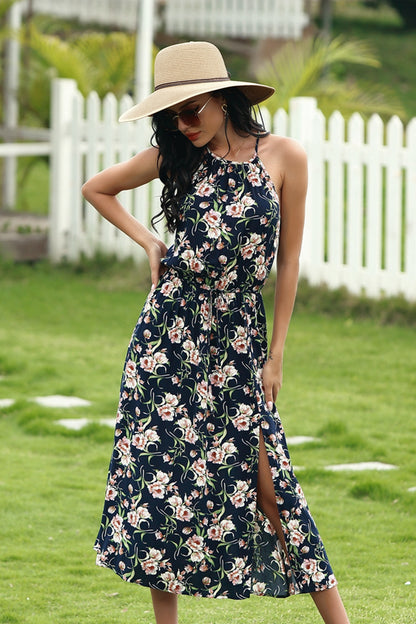 Sling Floral Elastic Waist Split Dress