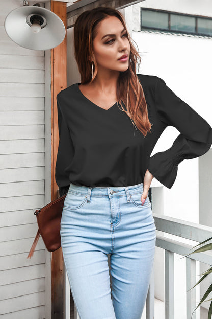 Flounce Cuff Lace Detail V-Neck Blouse