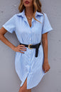 Striped Button Front Mini Shirt Dress（Belt Not Included)