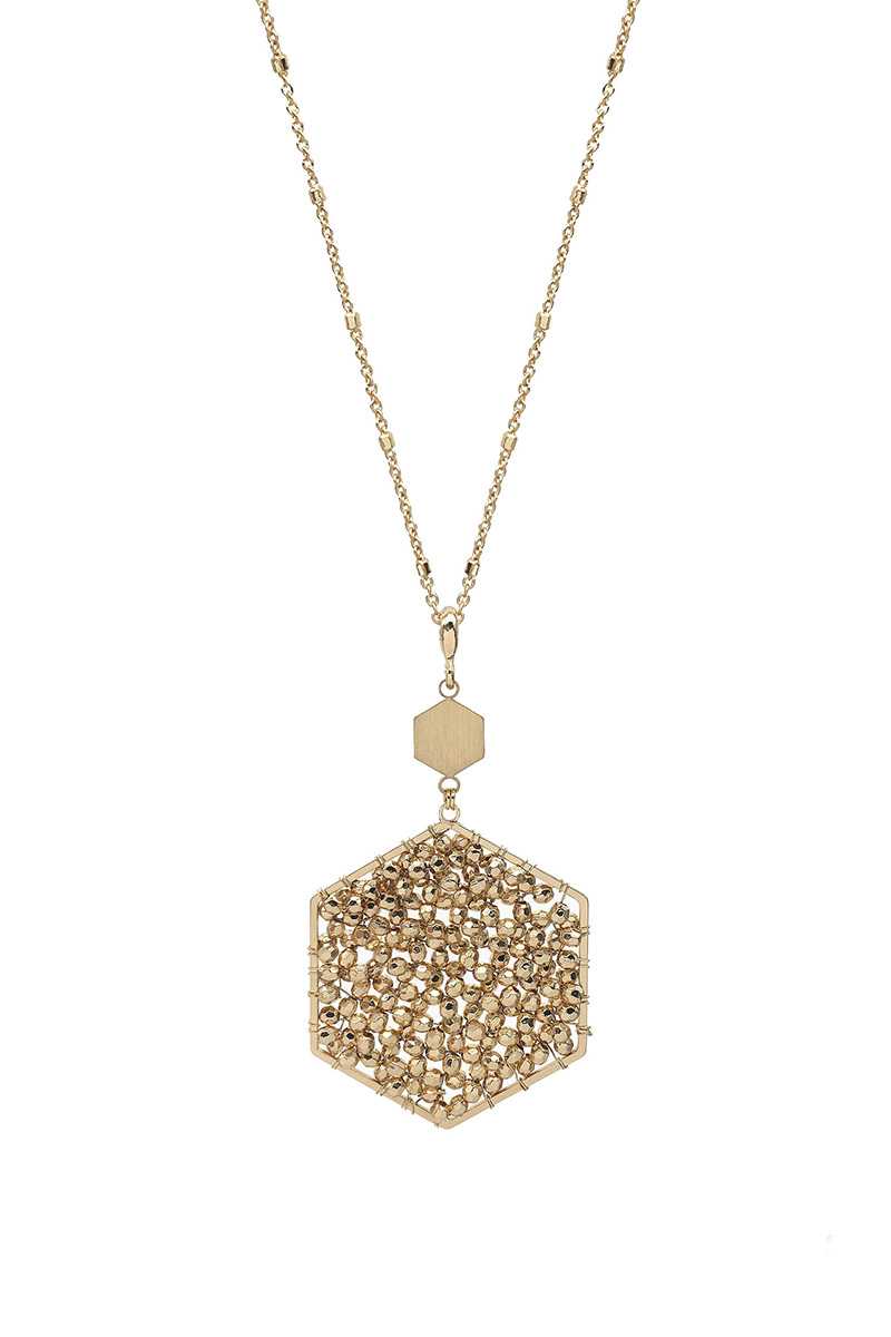 Fashion Glass Bead Hexagon Pendant Long Necklace