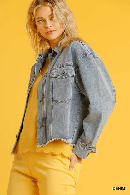 Collar Button Down Denim Jacket With Chest Pockets