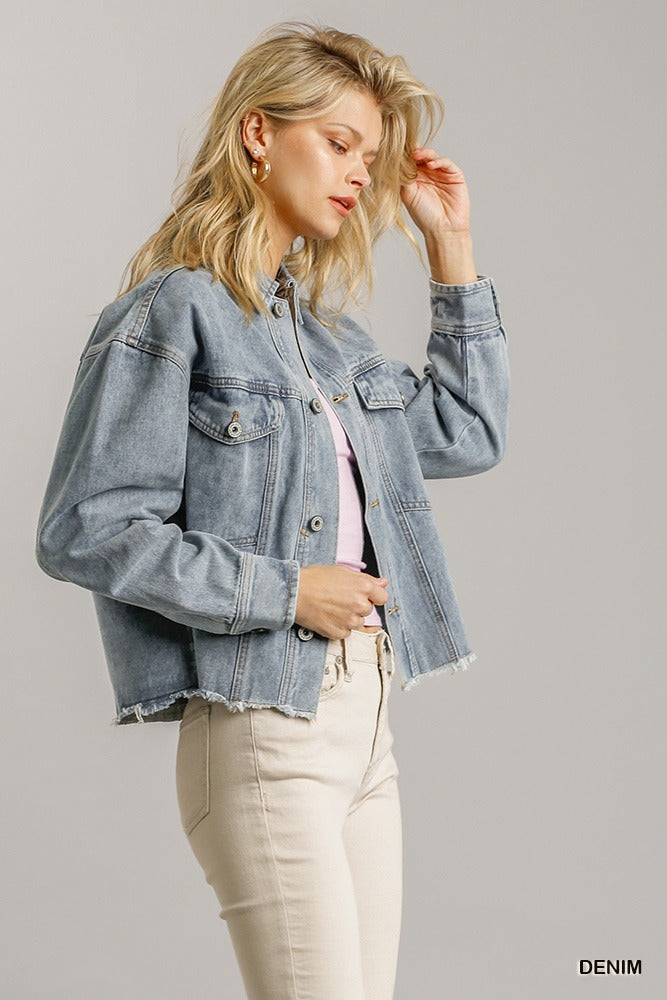 Collar Button Down Denim Jacket With Chest Pockets