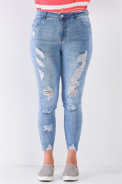 Plus Size Denim Mid-rise Raw Hem Detail Ripped Skinny Jean Pants