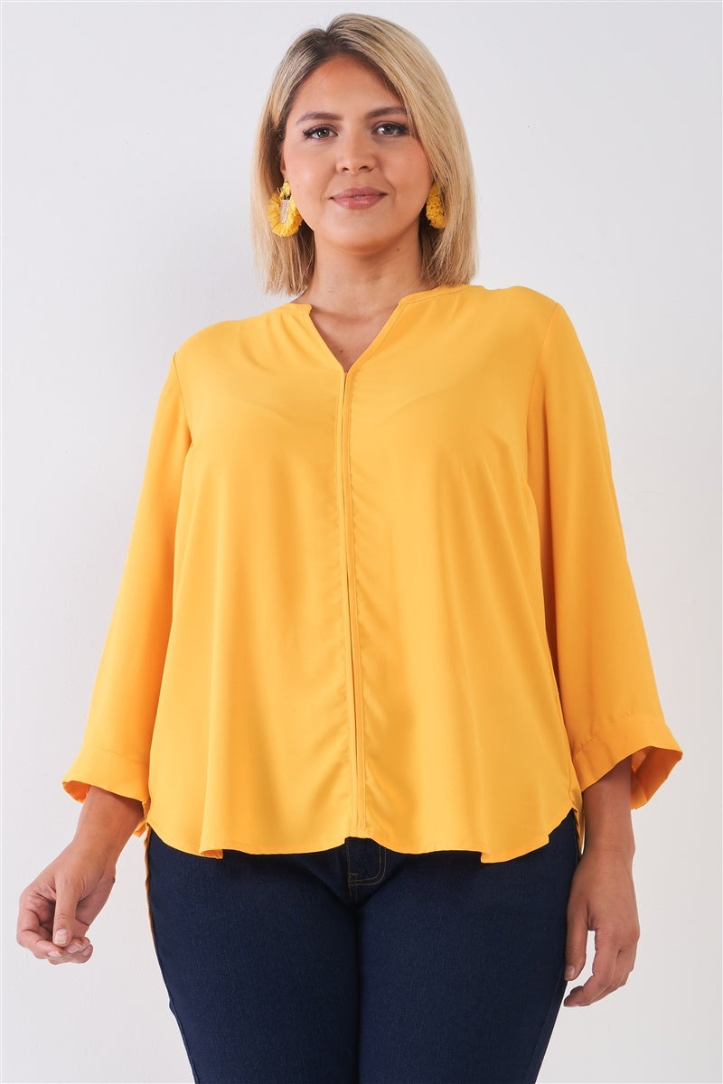 Plus Size Tuscan Sun Yellow V-neck Midi Sleeve Pleated Back Detail Relaxed Tunic Top