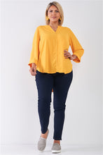Load image into Gallery viewer, Plus Size Tuscan Sun Yellow V-neck Midi Sleeve Pleated Back Detail Relaxed Tunic Top
