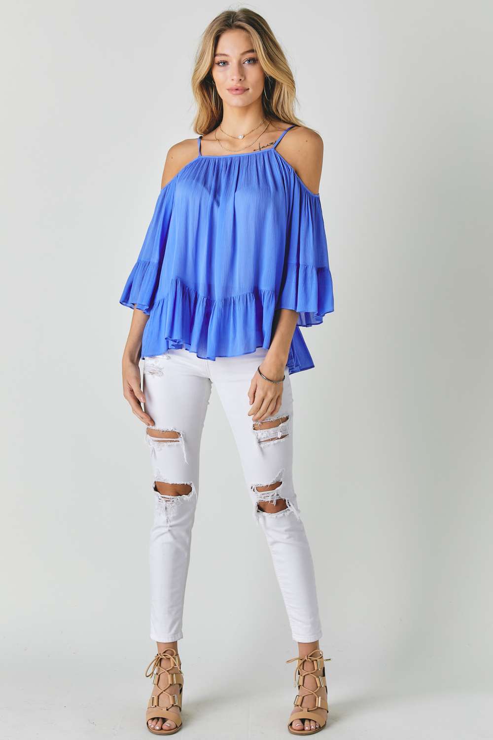 Ruffled Cold Shoulder Sheer Blouse Top