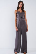 Load image into Gallery viewer, Dark Olive Chic Satin Sleeveless Mesh Hem V-neck Wide Leg Jumpsuit
