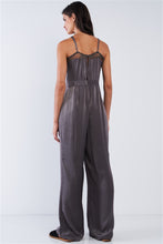 Load image into Gallery viewer, Dark Olive Chic Satin Sleeveless Mesh Hem V-neck Wide Leg Jumpsuit
