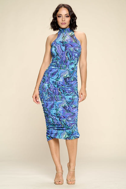 Multi-color Marble Print Midi Dress, Ruched, Small Slit