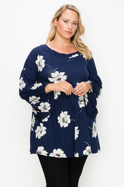 Floral, Bubble Sleeve Tunic Top