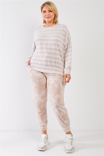 Plus Taupe & Ivory Striped Polyester Fleece Round Neck Dropped Shoulder Long Sleeves Uneven Relaxed Top