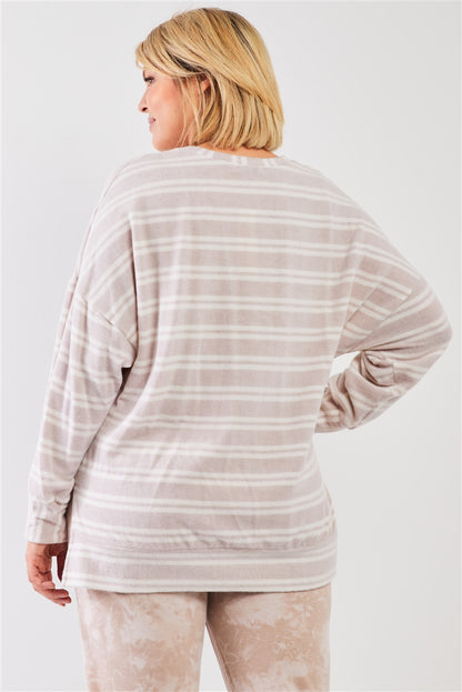 Plus Taupe & Ivory Striped Polyester Fleece Round Neck Dropped Shoulder Long Sleeves Uneven Relaxed Top