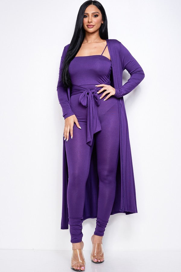 Solid Heavy Rayon Spandex Spaghetti Strap Jumpsuit With Waist Tie And Duster 2 Piece Set