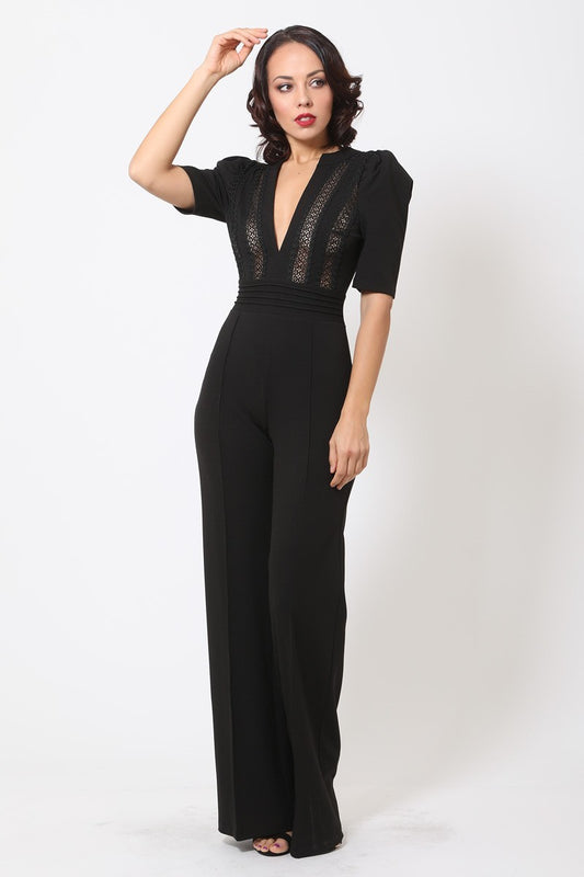 Deep V-neck Crochet Bodice Jumpsuit