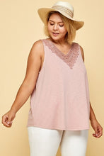 Load image into Gallery viewer, Plus Solid French Terry Slub Sleeveless Tank With Lace Neckline
