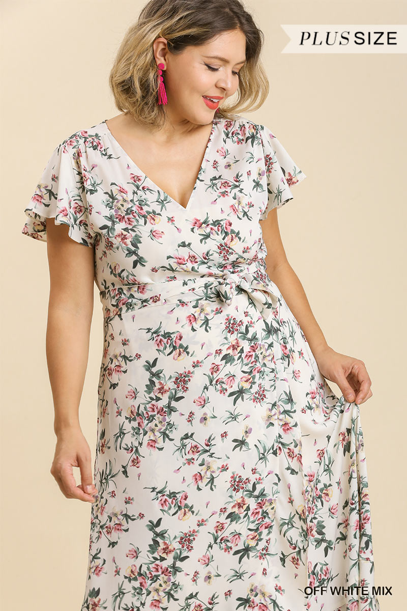 Floral Print Wrapped Short Ruffle Sleeve Maxi Dress With No Lining