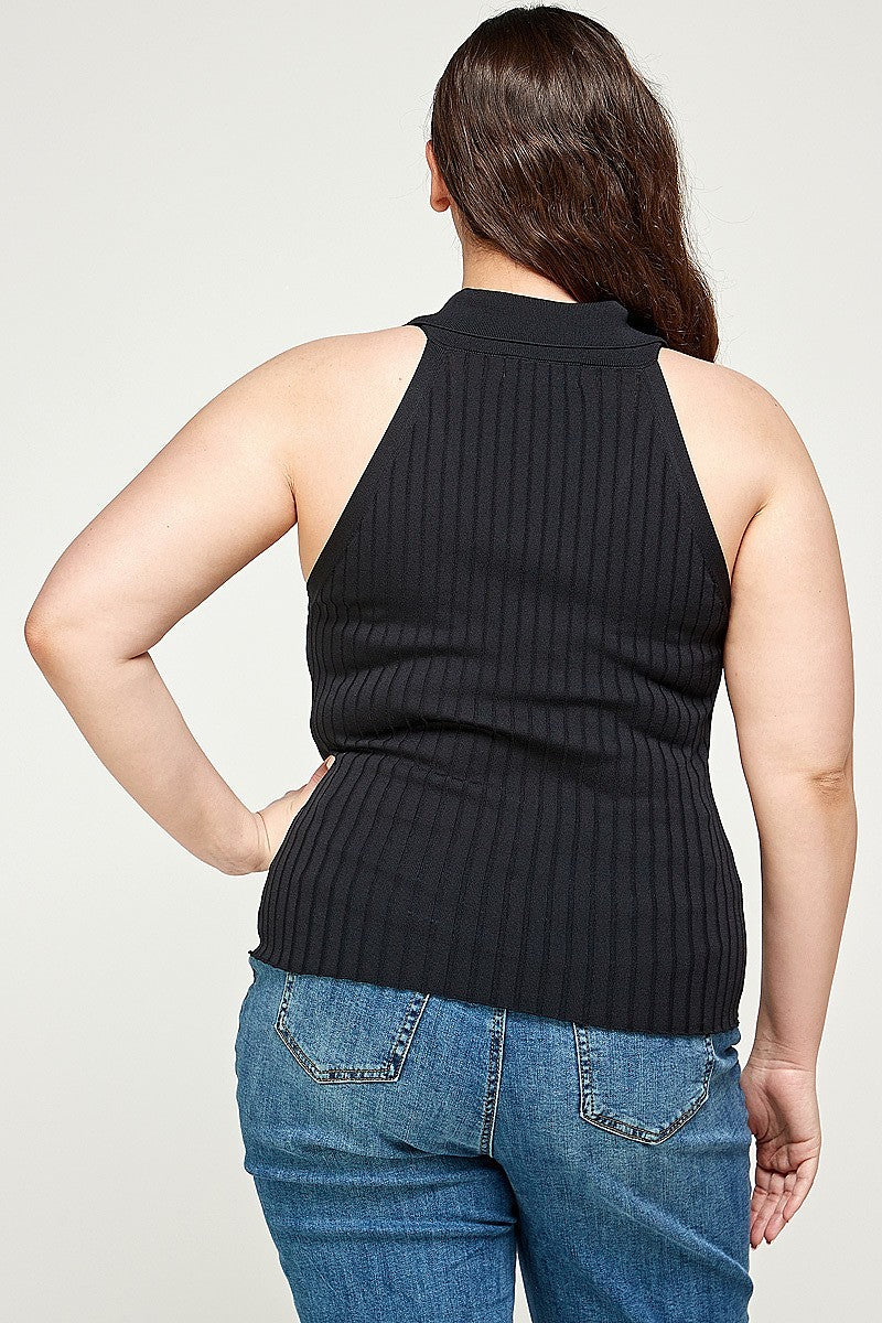 Plus Size, Solid Ribbed Knit Polo Sleeveless Top