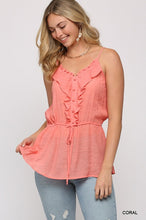 Load image into Gallery viewer, Solid Textured And Button Detail Ruffle Cami Top With Elastic Waist And Drawstring
