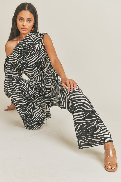 One Shoulder Zebra Print Jumpsuit