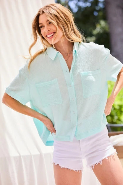 Collar Neck Button Down Front Pockets Solid Cotton Gauze Top