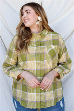 Load image into Gallery viewer, Plus Lime Cotton &amp; Linen Blend Textured Plaid Shirt Top

