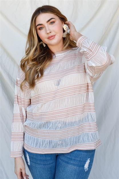 Plus Crochet Stripe Long Sleeve Semi-sheer Top