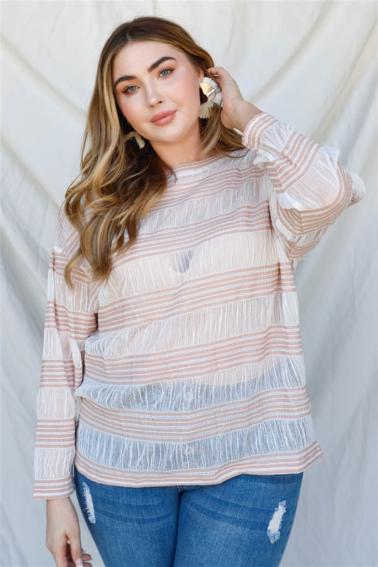 Plus Crochet Stripe Long Sleeve Semi-sheer Top