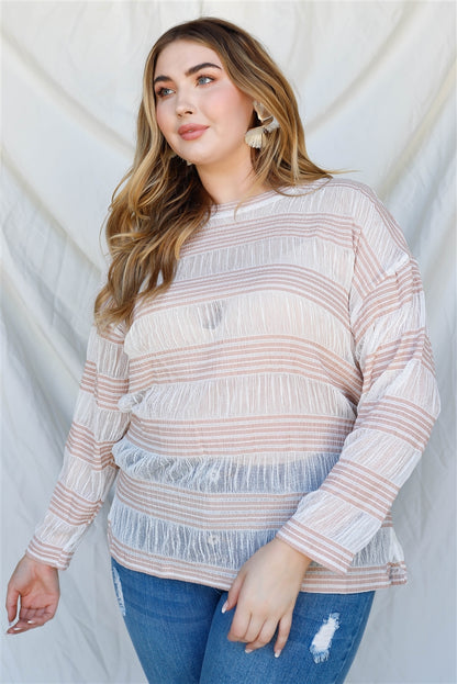 Plus Crochet Stripe Long Sleeve Semi-sheer Top