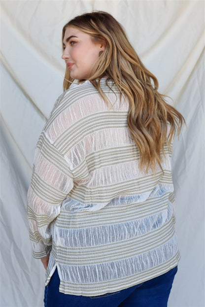 Plus Crochet Stripe Long Sleeve Semi-sheer Top