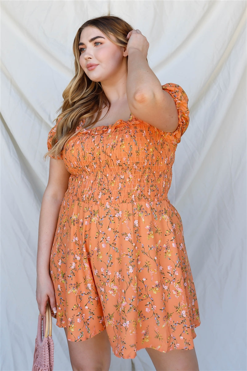 Plus Apricot Floral Print Smocked Puff Short Sleeve Romper