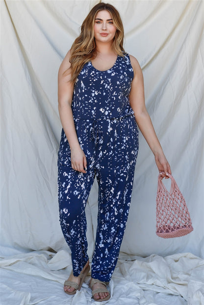 Plus Navy & Mint Feather Print Sleeveless Jumpsuit