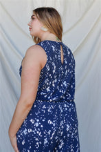 Load image into Gallery viewer, Plus Navy &amp; Mint Feather Print Sleeveless Jumpsuit

