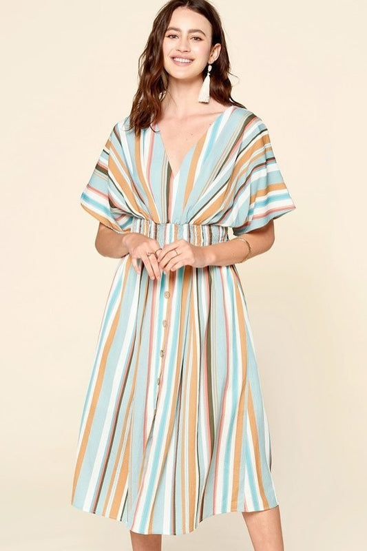 Multi-colored Striped Woven Button-down Midi Dress