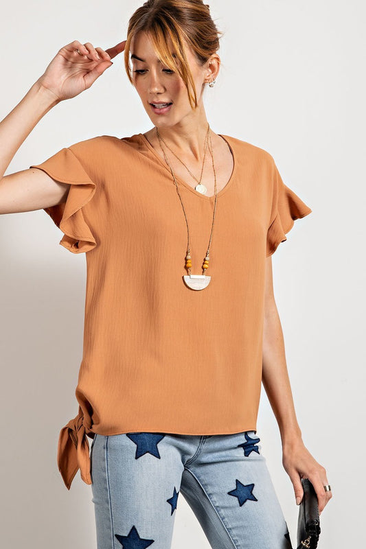 V Neckline Wing Sleeves Woven Top