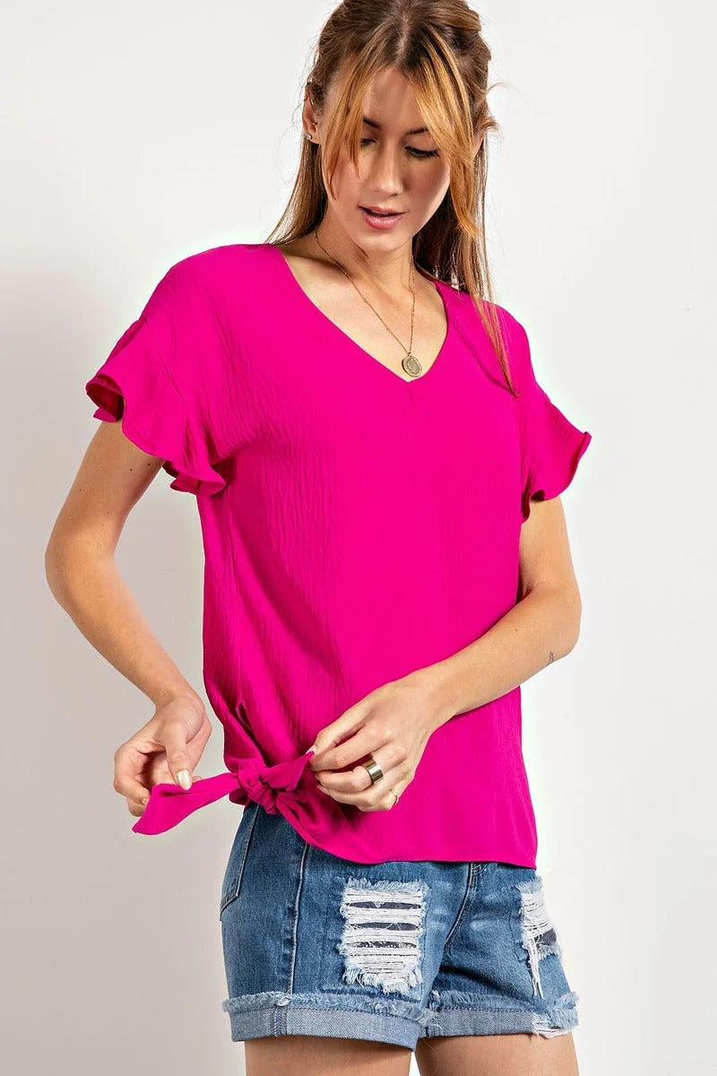 V Neckline Wing Sleeves Woven Top