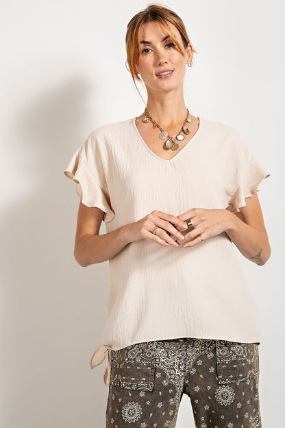 V Neckline Wing Sleeves Woven Top