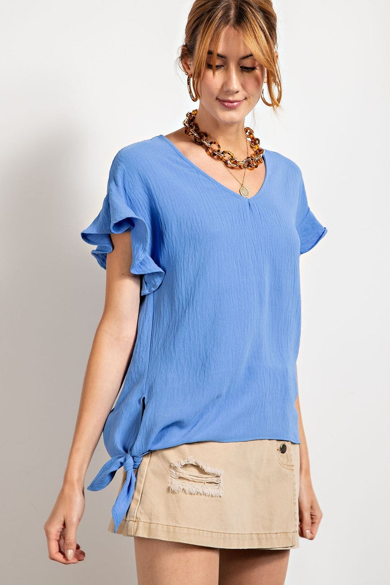 V Neckline Wing Sleeves Woven Top