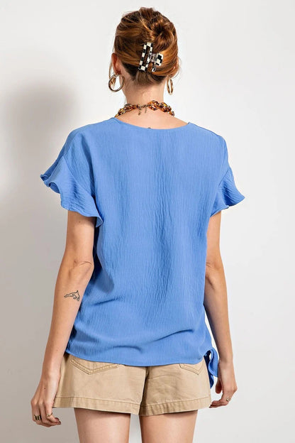 V Neckline Wing Sleeves Woven Top