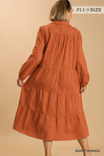 Load image into Gallery viewer, Textured Long Sleeve Collar Split Neck Tiered Maxi Dress
