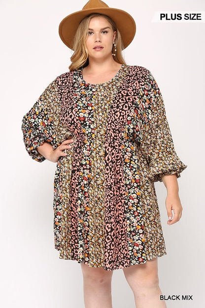 Print Mixed Dolman Sleeve Dress With Side Pockets