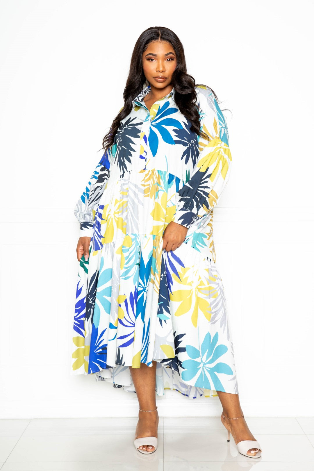 Printed Tierd Shirt Dress With Puff Sleeves