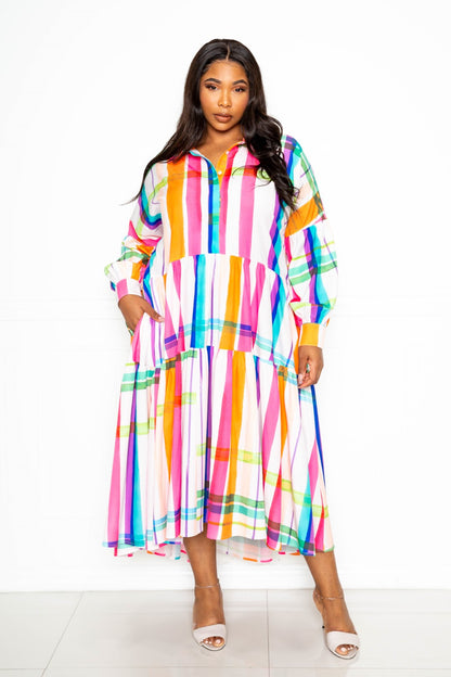 Printed Tierd Shirt Dress With Puff Sleeves