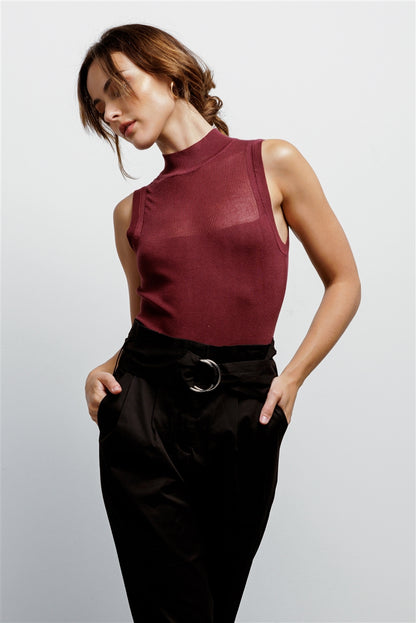 Wine Knit Mock Neck Sleeveless Bodysuit